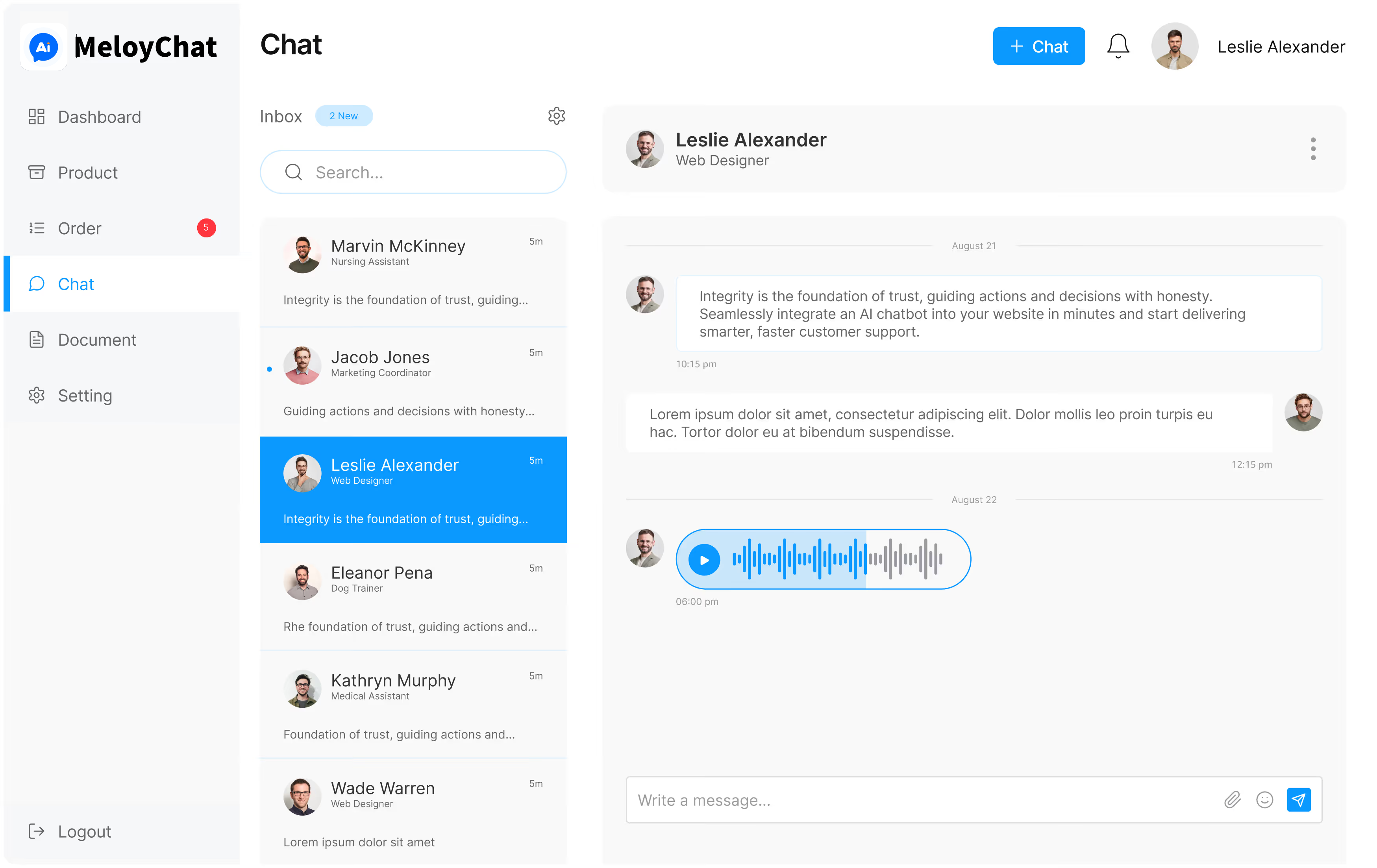 User interface of a chat application showing a left sidebar with menu options and user list, conversation with Leslie Alexander in the main panel including text messages and a voice message.
