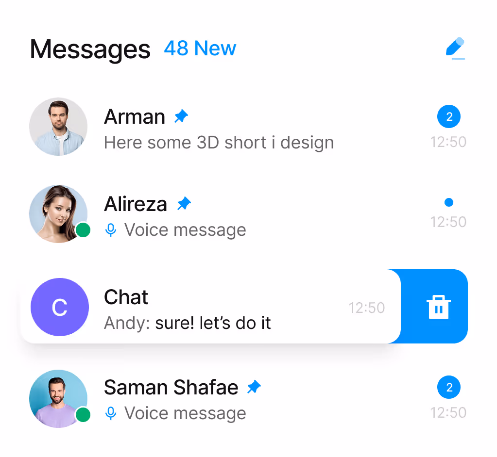 Chat interface showing messages with pinned contacts Arman, Alireza, and Saman Shafae, and a conversation with Chat and Andy saying 'sure! let's do it'.